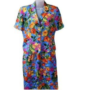 Adrianna Papell Bright Blue & Floral Print Silk Skirt Suit 10